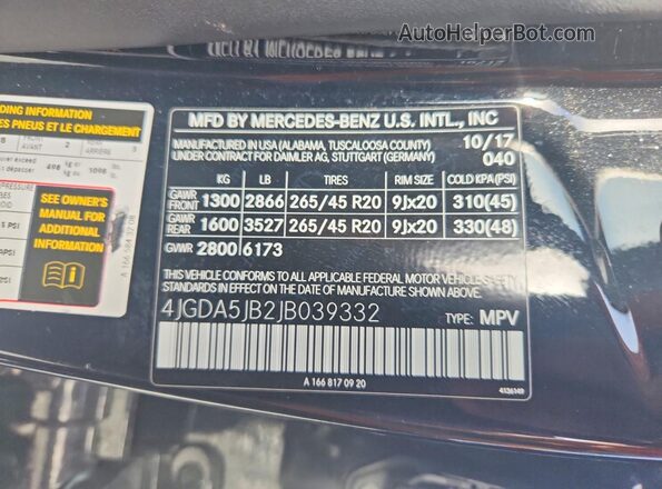 4JGDA5JB2JB039332 2018 MERCEDES-BENZ GLE Black Vista de la etiqueta del VIN