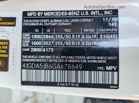 4JGDA5JB6GA678649 2016 MERCEDES-BENZ GLE White Widok naklejki z numerem VIN