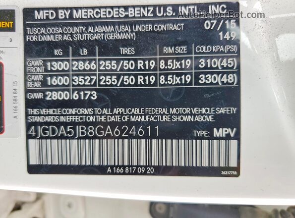4JGDA5JB8GA624611 2016 MERCEDES-BENZ GLE Белый Вид наклейки с VIN-кодом