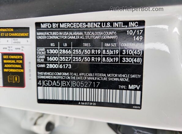 4JGDA5JBXJB052717 2018 MERCEDES-BENZ GLE White Vista interior de 360 grados