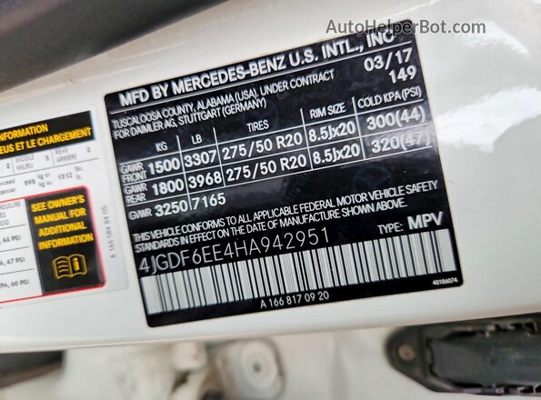 4JGDF6EE4HA942951 2017 MERCEDES-BENZ GLS White Вид наклейки з VIN-кодом