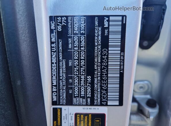 4JGDF6EE6HA786430 2017 MERCEDES-BENZ GLS Silver VIN կոդի պիտակի տեսք