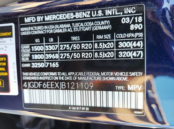 4JGDF6EEXJB121109 2018 MERCEDES-BENZ GLS Blue VIN կոդի պիտակի տեսք