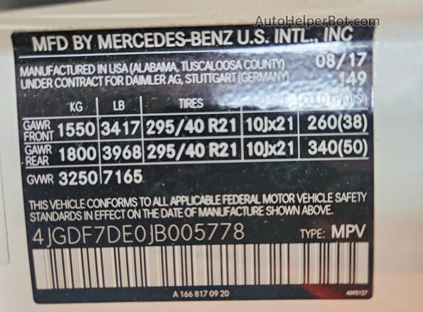 4JGDF7DE0JB005778 2018 MERCEDES-BENZ GLS White VIN կոդի պիտակի տեսք