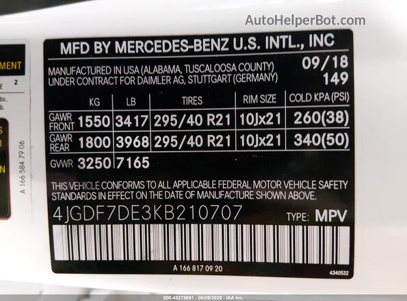 4JGDF7DE3KB210707 2019 MERCEDES-BENZ GLS 550 White Widok komory silnika