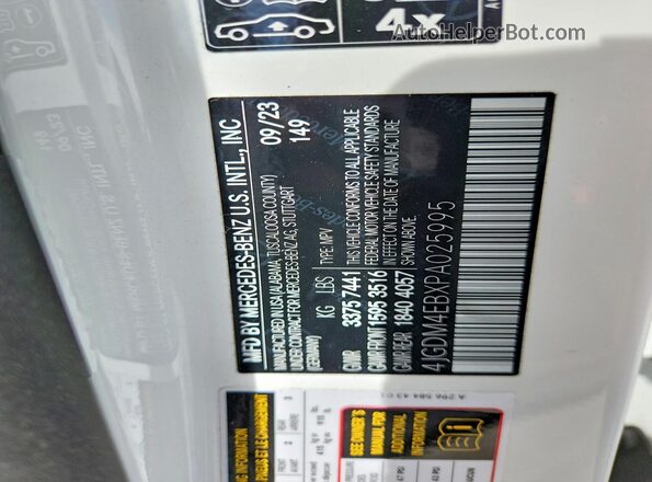 4JGDM4EBXPA025995 2023 MERCEDES-BENZ EQS White VIN կոդի պիտակի տեսք