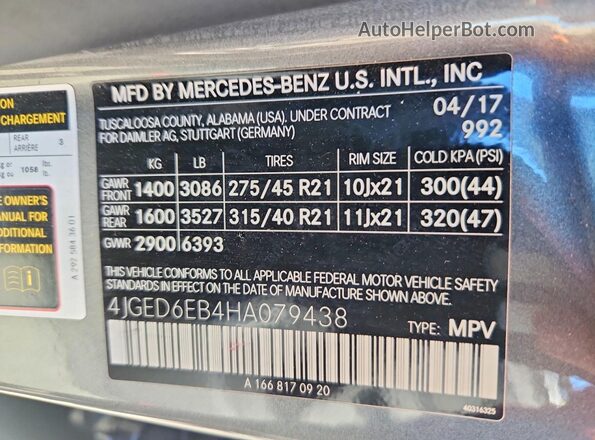4JGED6EB4HA079438 2017 MERCEDES-BENZ GLE Gray VIN կոդի պիտակի տեսք