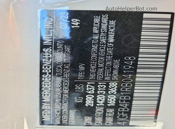 4JGFB4FB1RB041948 2024 MERCEDES-BENZ GLE White Vista de la etiqueta del VIN