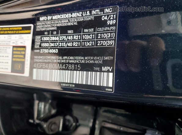 4JGFB4JB0MA478815 2021 MERCEDES-BENZ GLE Black Vista de la etiqueta del VIN