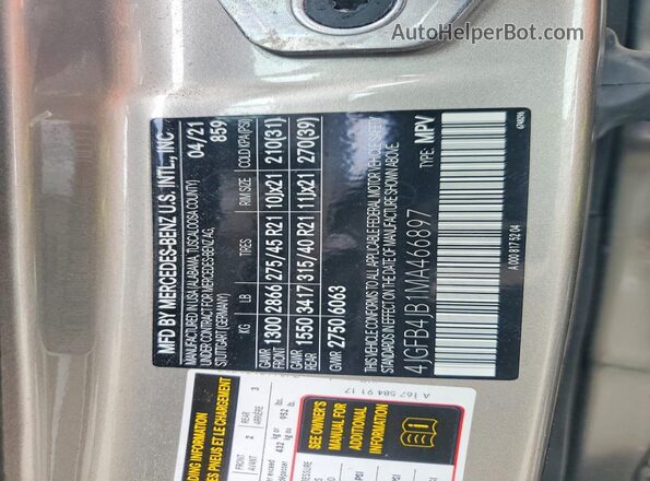 4JGFB4JB1MA466897 2021 MERCEDES-BENZ GLE Silver Vista de la etiqueta del VIN