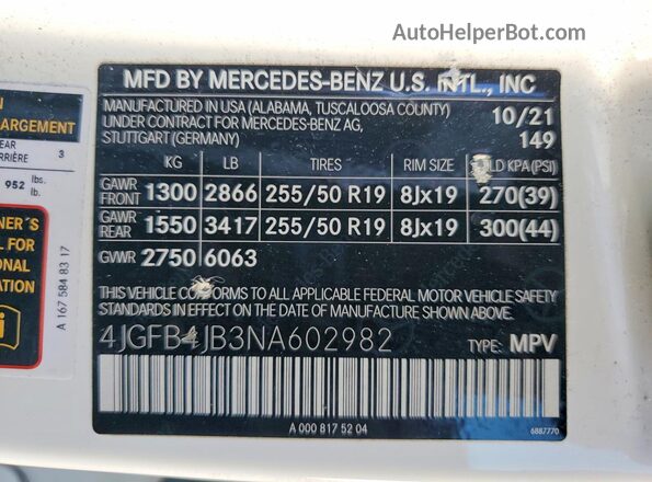 4JGFB4JB3NA602982 2022 MERCEDES-BENZ GLE White Widok naklejki z numerem VIN