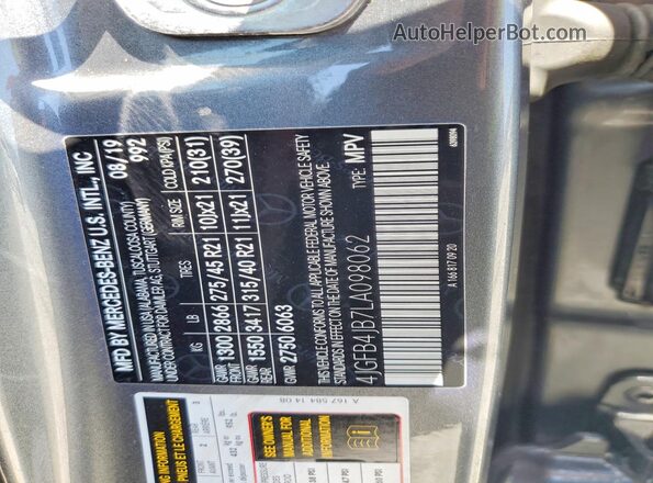 4JGFB4JB7LA098062 2020 MERCEDES-BENZ GLE Gray Widok naklejki z numerem VIN