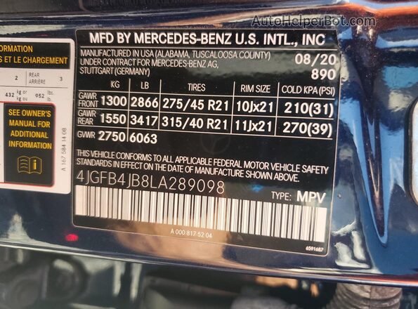 4JGFB4JB8LA289098 2020 MERCEDES-BENZ GLE Blue Вид наклейки з VIN-кодом