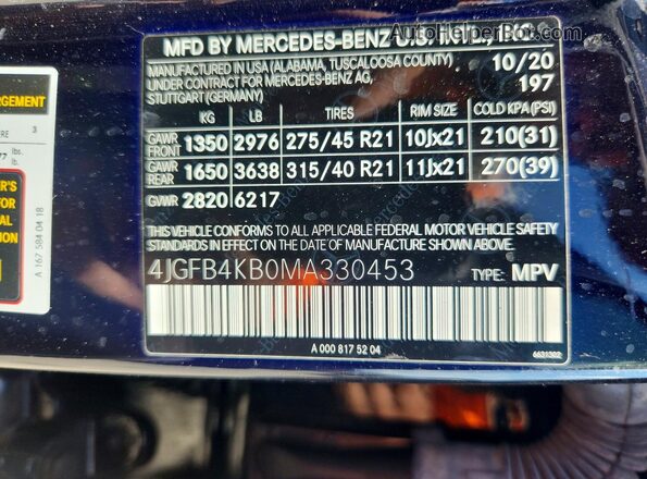 4JGFB4KB0MA330453 2021 MERCEDES-BENZ GLE-CLASS Black Vista de la etiqueta del VIN