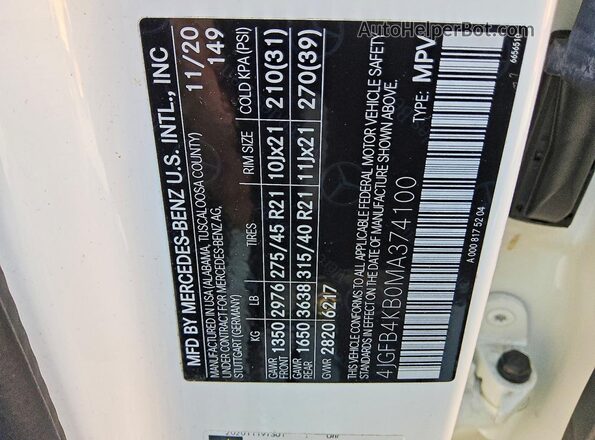 4JGFB4KB0MA374100 2021 MERCEDES-BENZ GLE White Widok naklejki z numerem VIN
