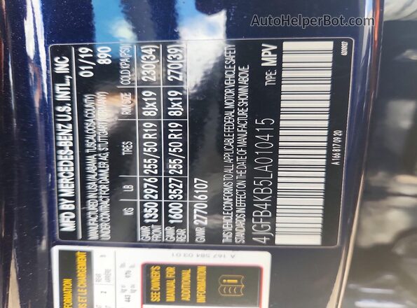 4JGFB4KB5LA010415 2020 MERCEDES-BENZ GLE Синий Вид наклейки с VIN-кодом