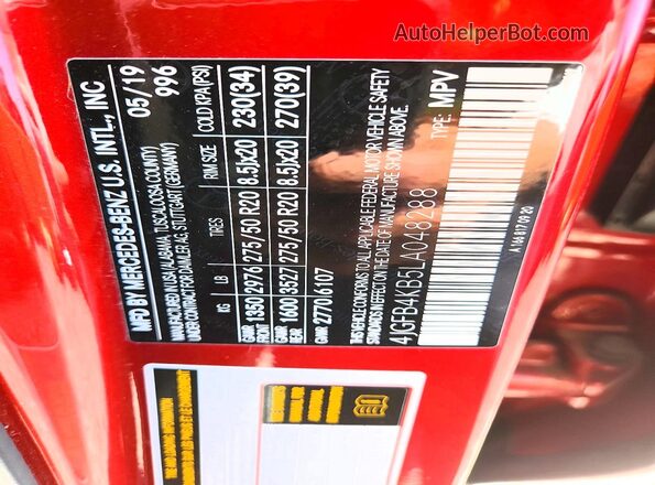 4JGFB4KB5LA048288 2020 MERCEDES-BENZ GLE Red VIN sticker view