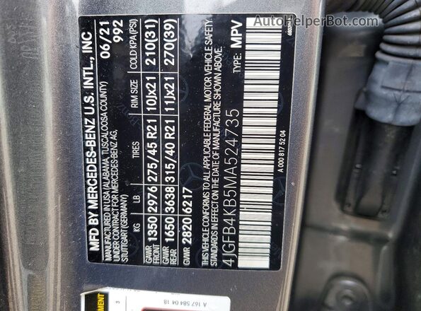 4JGFB4KB5MA524735 2021 MERCEDES-BENZ GLE Серый Панорамный вид салона 360°