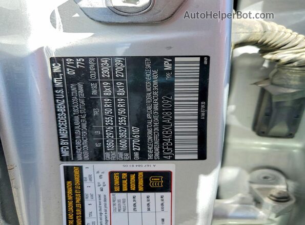 4JGFB4KBXLA081092 2020 MERCEDES-BENZ GLE Silver Vista de la etiqueta del VIN