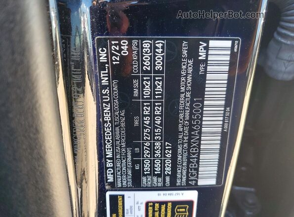 4JGFB4KBXNA655001 2022 MERCEDES-BENZ GLE Black Widok naklejki z numerem VIN