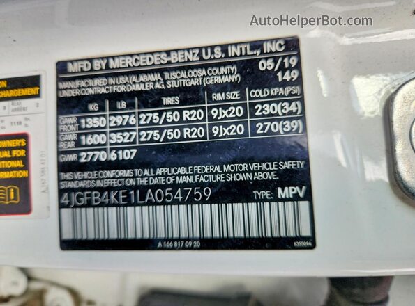 4JGFB4KE1LA054759 2020 MERCEDES-BENZ GLE-CLASS White Widok wnętrza 360 stopni