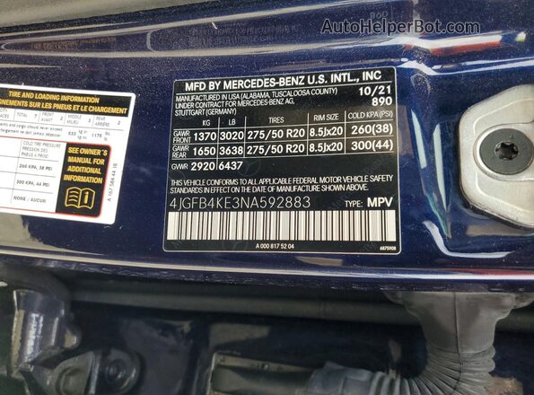 4JGFB4KE3NA592883 2022 MERCEDES-BENZ GLE Blue Widok naklejki z numerem VIN