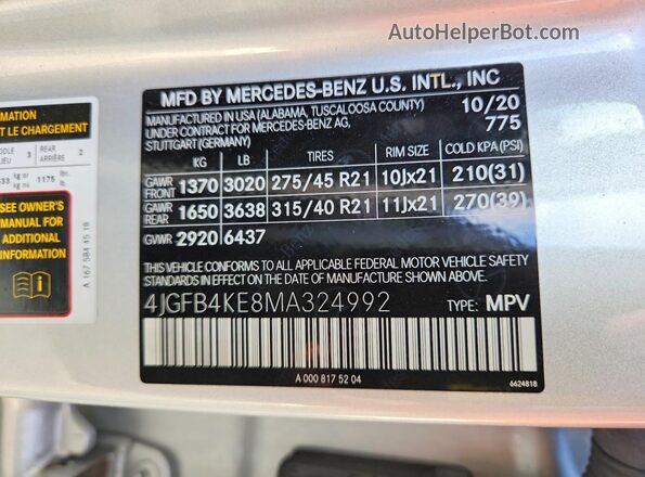 4JGFB4KE8MA324992 2021 MERCEDES-BENZ GLE Silver VIN կոդի պիտակի տեսք
