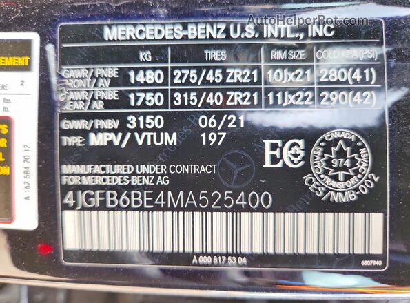 4JGFB6BE4MA525400 2021 MERCEDES-BENZ GLE Black Vista de la etiqueta del VIN
