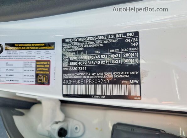 4JGFF5KE1RB209243 2024 MERCEDES-BENZ GLS Белый Панорамный вид салона 360°