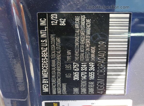4JGGM1CB3PA040109 2023 MERCEDES-BENZ EQE Blue Вид наклейки з VIN-кодом