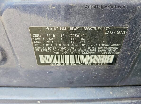 4S3BNAB68H3004938 2017 SUBARU LEGACY Синий Вид наклейки с VIN-кодом