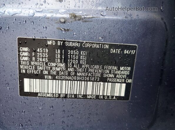 4S3BNAD69H3061873 2017 SUBARU LEGACY Blue Vista de la etiqueta del VIN