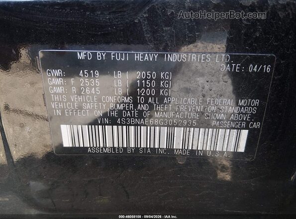 4S3BNAE68G3052935 2016 SUBARU LEGACY Black ძრავის განყოფილების ხედი