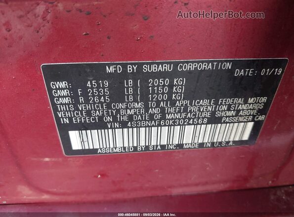 4S3BNAF60K3024568 2019 SUBARU LEGACY Burgundy Widok komory silnika