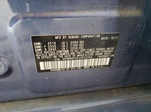 4S3BNAF65J3027285 2018 SUBARU LEGACY Blue Շարժիչի բաժամունքի տեսք