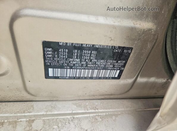 4S3BNAF6XG3031602 2016 SUBARU LEGACY Tan ძრავის განყოფილების ხედი