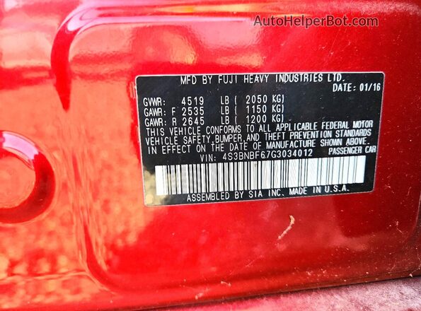 4S3BNBF67G3034012 2016 SUBARU LEGACY Red Engine compartment view