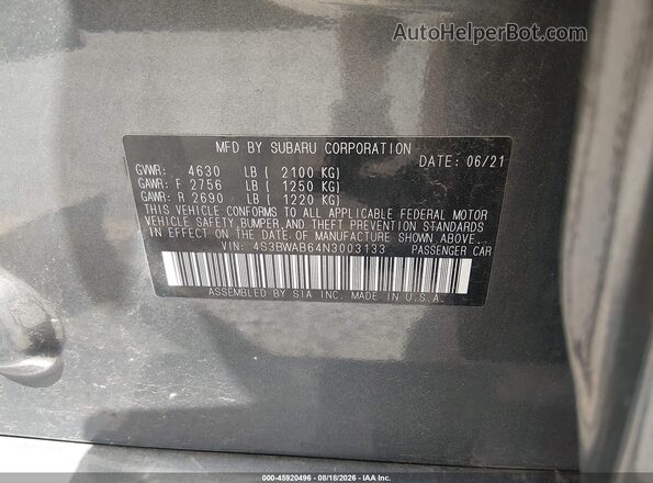 4S3BWAB64N3003133 2022 SUBARU LEGACY Серый Вид подкапотного пространства