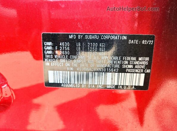 4S3BWAC6XN3015642 2022 SUBARU LEGACY Red Engine compartment view