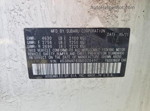4S3BWAF60M3020407 2021 SUBARU LEGACY White Widok komory silnika