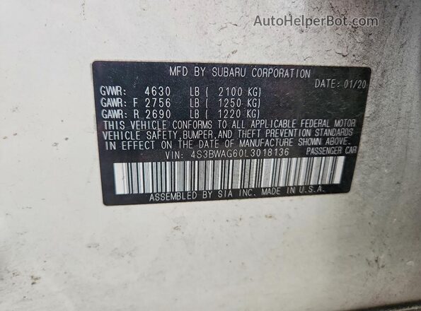 4S3BWAG60L3018136 2020 SUBARU LEGACY White Vista del compartimento del motor