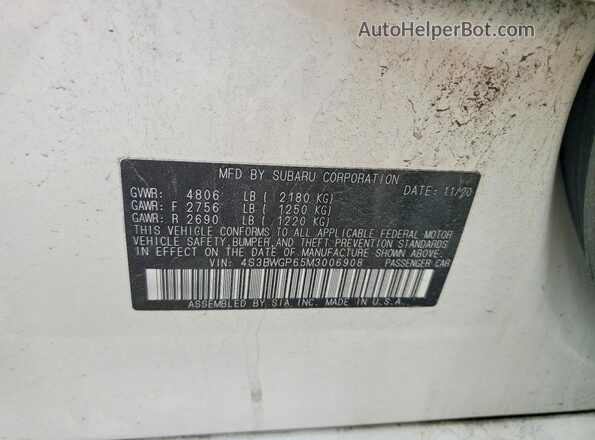 4S3BWGP65M3006908 2021 SUBARU LEGACY White Вид наклейки з VIN-кодом