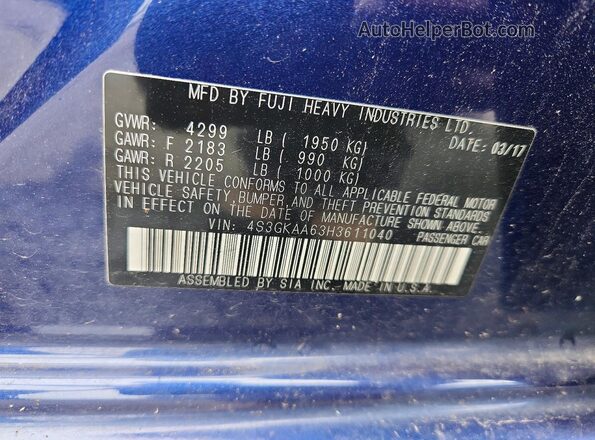 4S3GKAA63H3611040 2017 SUBARU IMPREZA Blue ძრავის განყოფილების ხედი