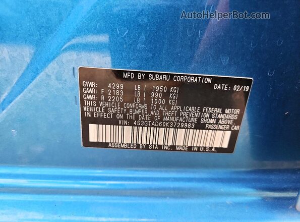 4S3GTAD60K3729983 2019 SUBARU IMPREZA Blue ძრავის განყოფილების ხედი