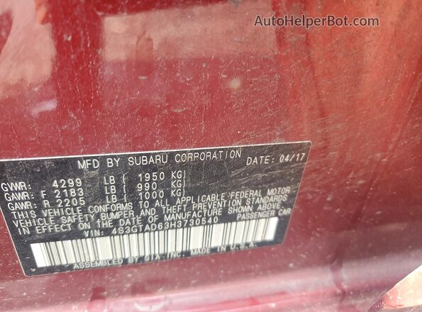 4S3GTAD63H3730540 2017 SUBARU IMPREZA Red Вид наклейки з VIN-кодом