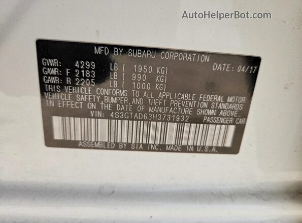 4S3GTAD63H3731932 2017 SUBARU IMPREZA White Vista del compartimento del motor