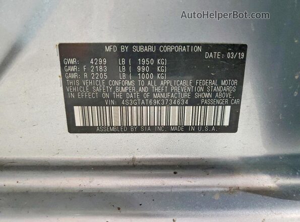 4S3GTAT69K3734634 2019 SUBARU IMPREZA Серебряный Вид наклейки с VIN-кодом