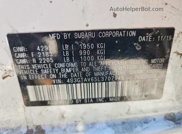 4S3GTAV65L3707946 2020 SUBARU IMPREZA White Вид наклейки з VIN-кодом