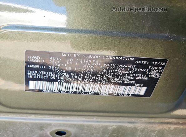 4S4BSABC9K3276707 2019 SUBARU OUTBACK Green Շարժիչի բաժամունքի տեսք