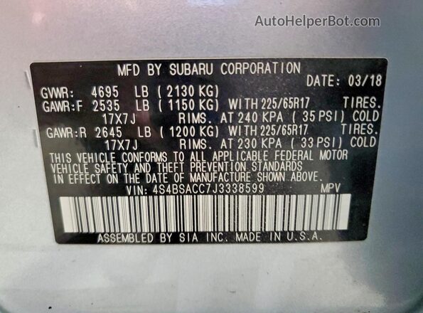 4S4BSACC7J3338599 2018 SUBARU OUTBACK Silver VIN sticker view